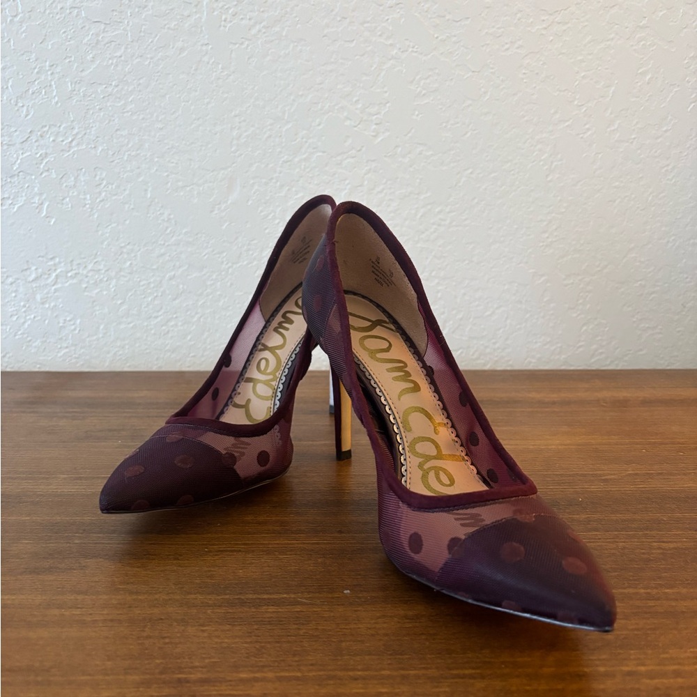 Sam Edelman Burgundy Sheer Polka Dot Heels